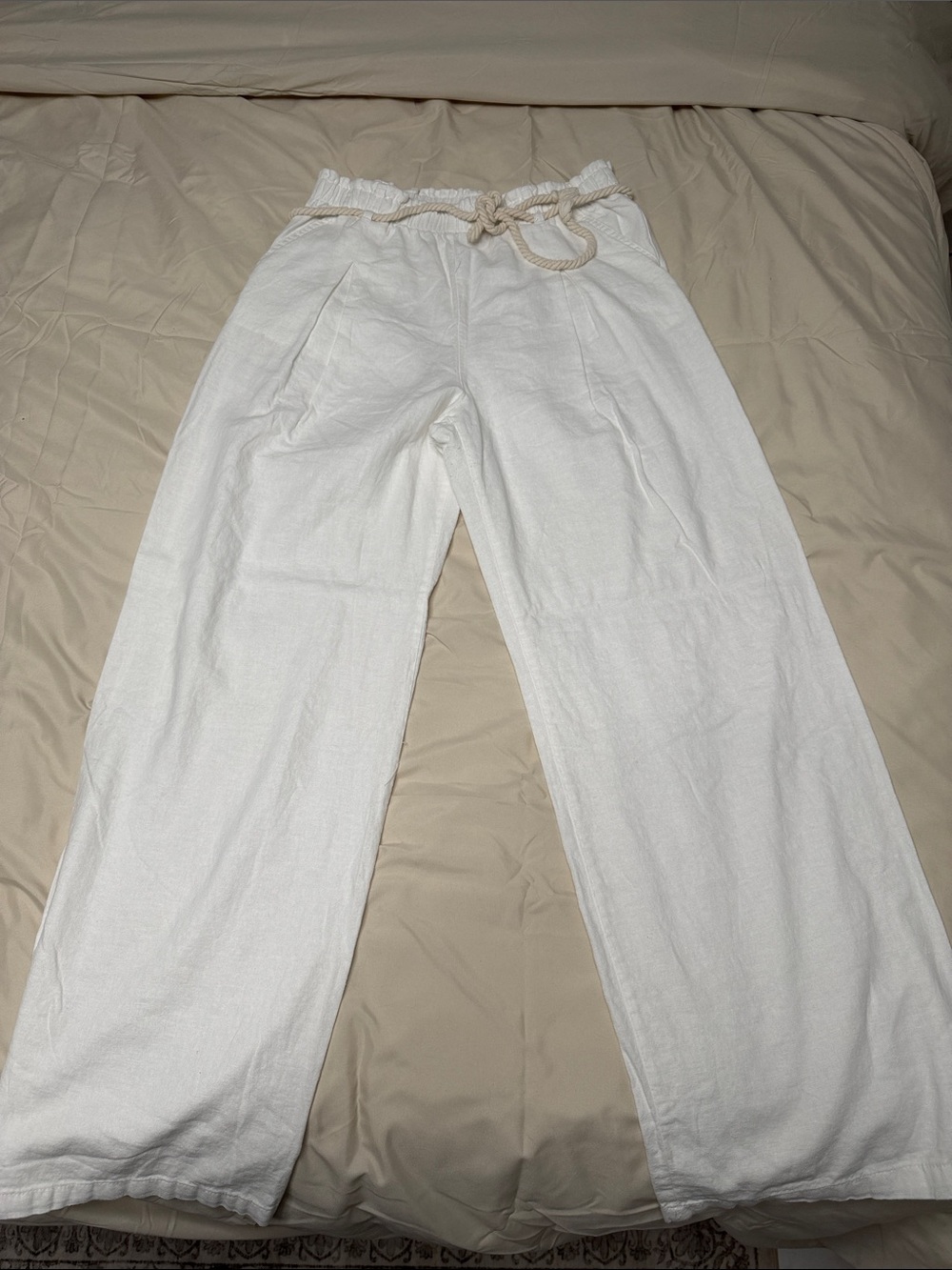 Men's White Linen Blend Wide-Leg Pants with Rope Drawstring